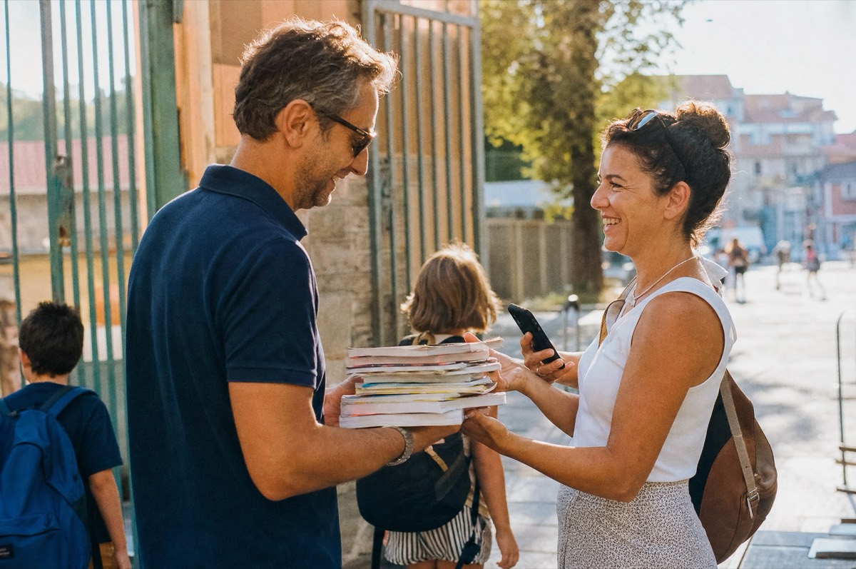 Due genitori si passano una pila di libri di scuola davanti a una scuola, in una strada di Milano